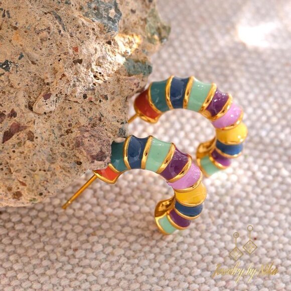NEW 14K Yellow Gold Multicolor Enameluxe Boho Unique Hoop Luxury Stud Earrings - Picture 3 of 15